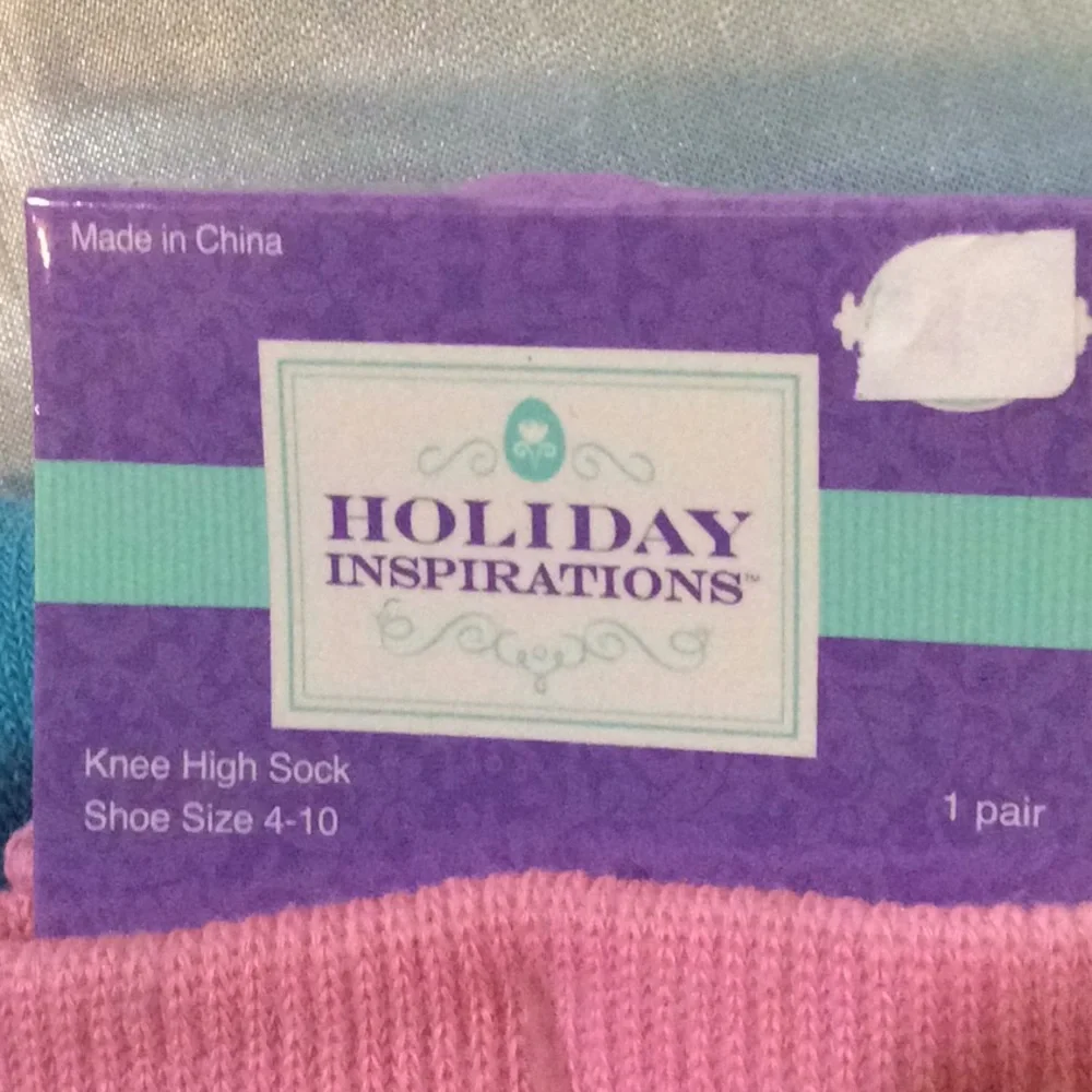 TEAL & PINK Knee high bunny socks w/purple glitter flowers, NWT
